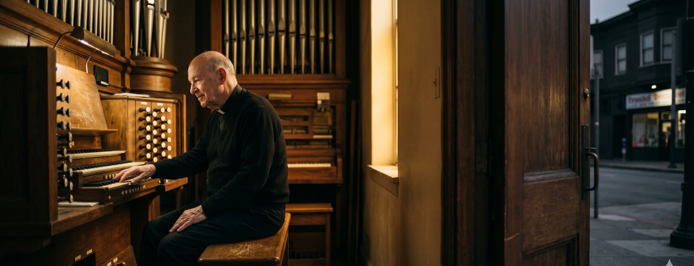Father Ignacio inside the organ chamber at Mission Dolores, 4:18 a.m. Saturday