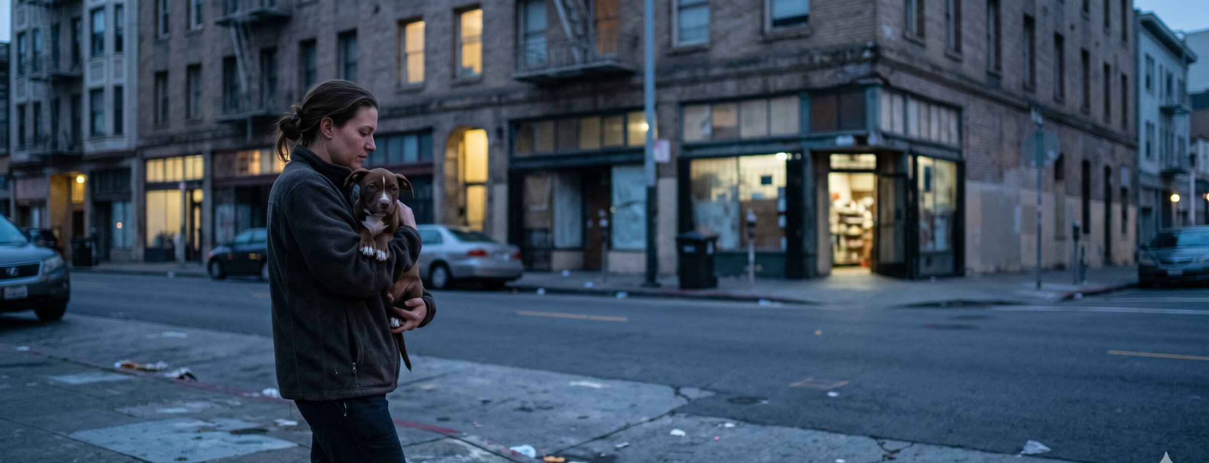 Maxine on Eddy Street with a found pit-mix puppy, 1:14 a.m. Friday