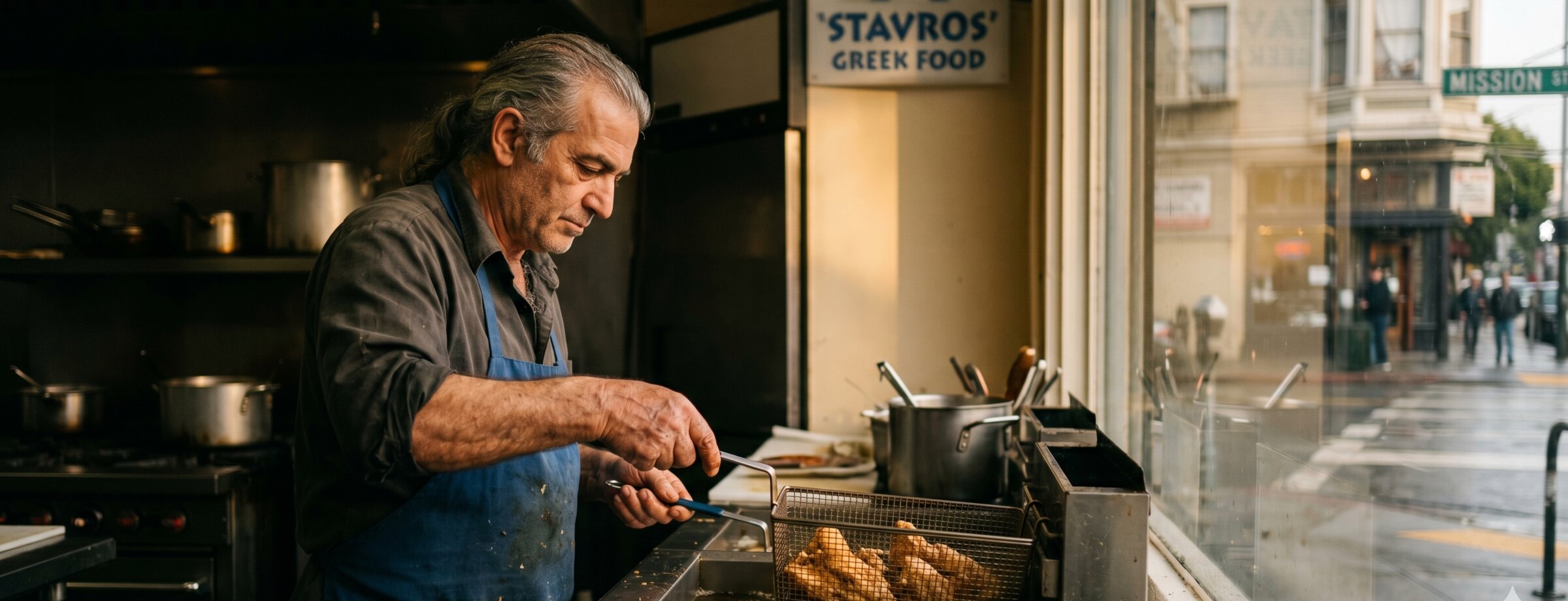 Stavros Papadakis at the fryer, 3:14 a.m. Saturday