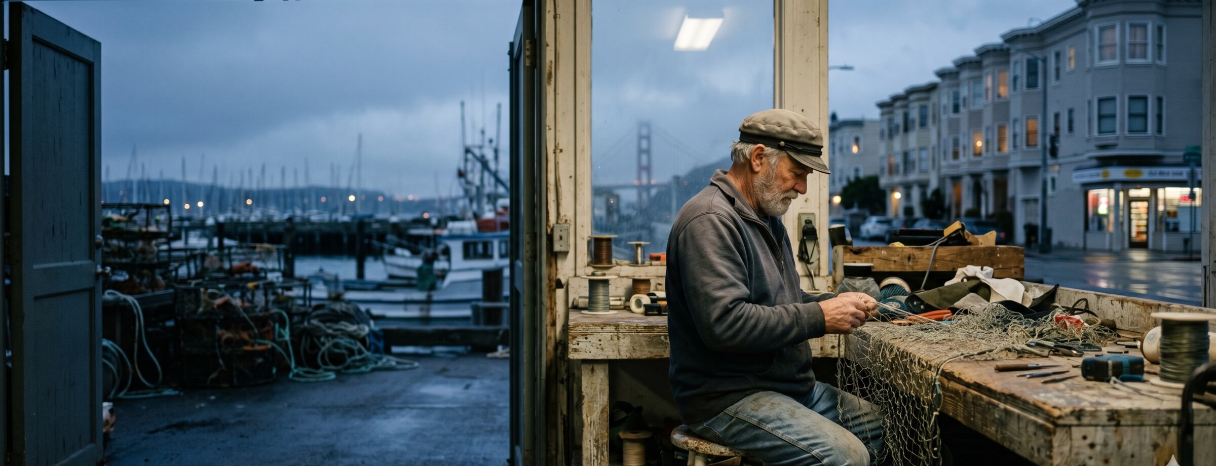Captain Frank at his workbench at Pier 45, 6:14 a.m. Wednesday