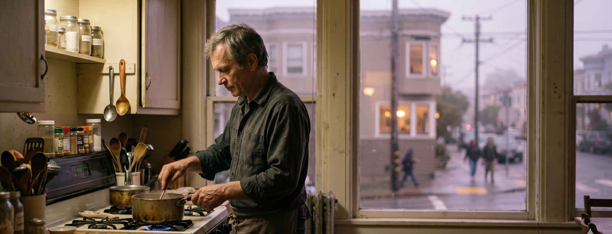 Yuri Kraevski at the stove, 6:51 p.m. Thursday