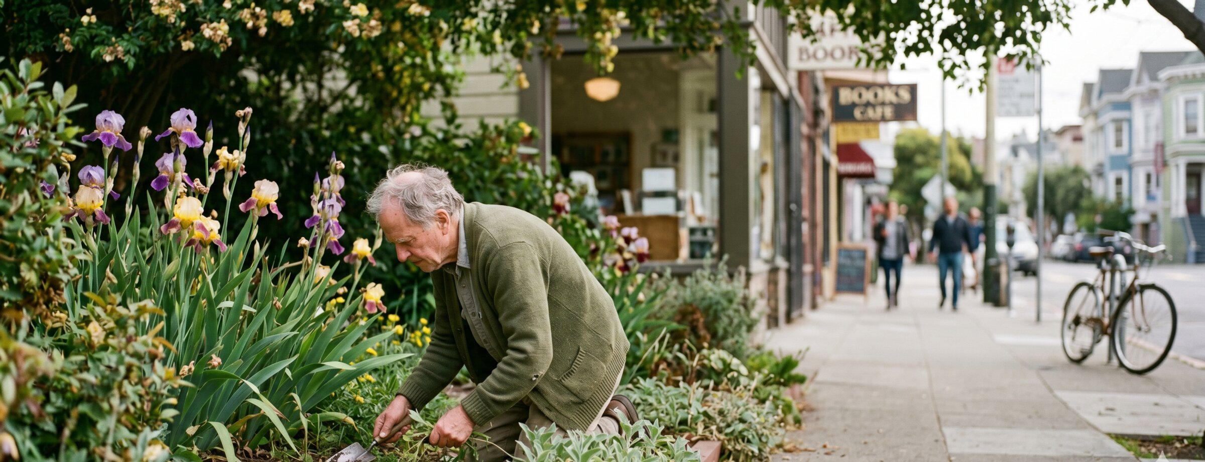 Patrick Halloran weeding near the iris bed, 8:21 a.m. Saturday