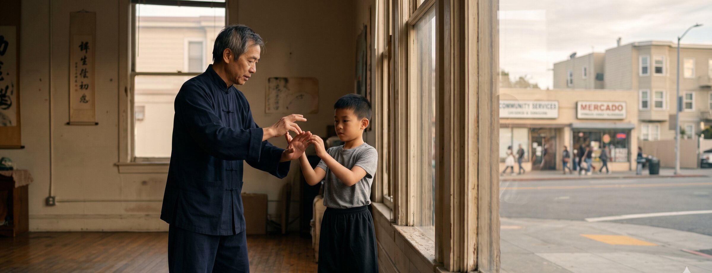 Sifu Wu instructing eight-year-old Bryan, 4:48 p.m. Friday