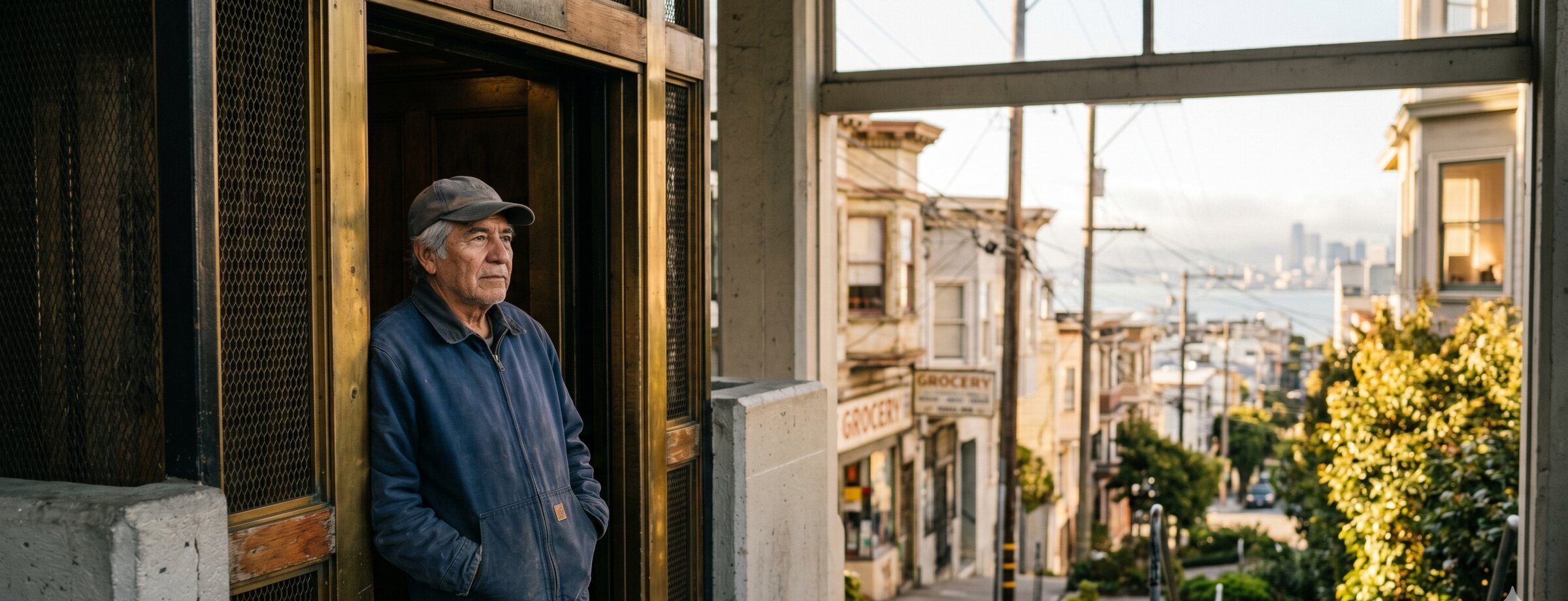 Manny Salgado, in the elevator at the base of Coit Tower, 9:14 a.m.