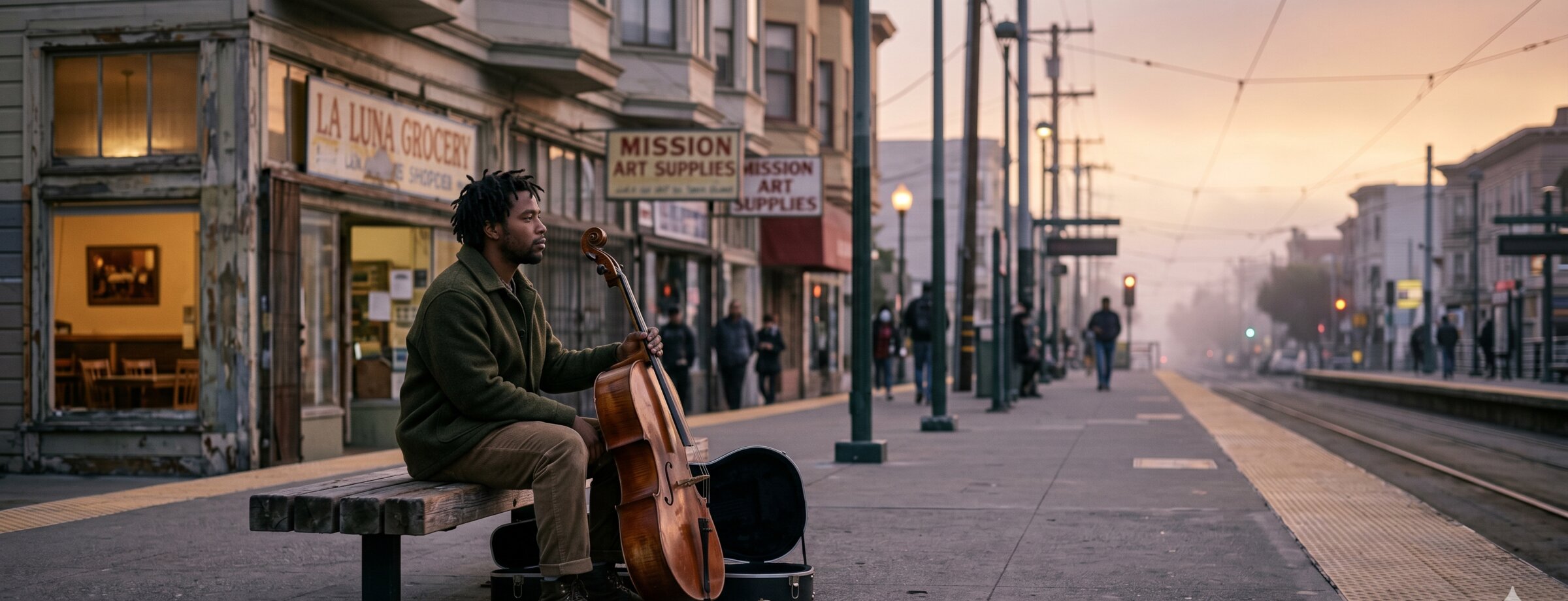 Marcus Owen with his cello, 7:42 a.m. Friday, eastbound platform