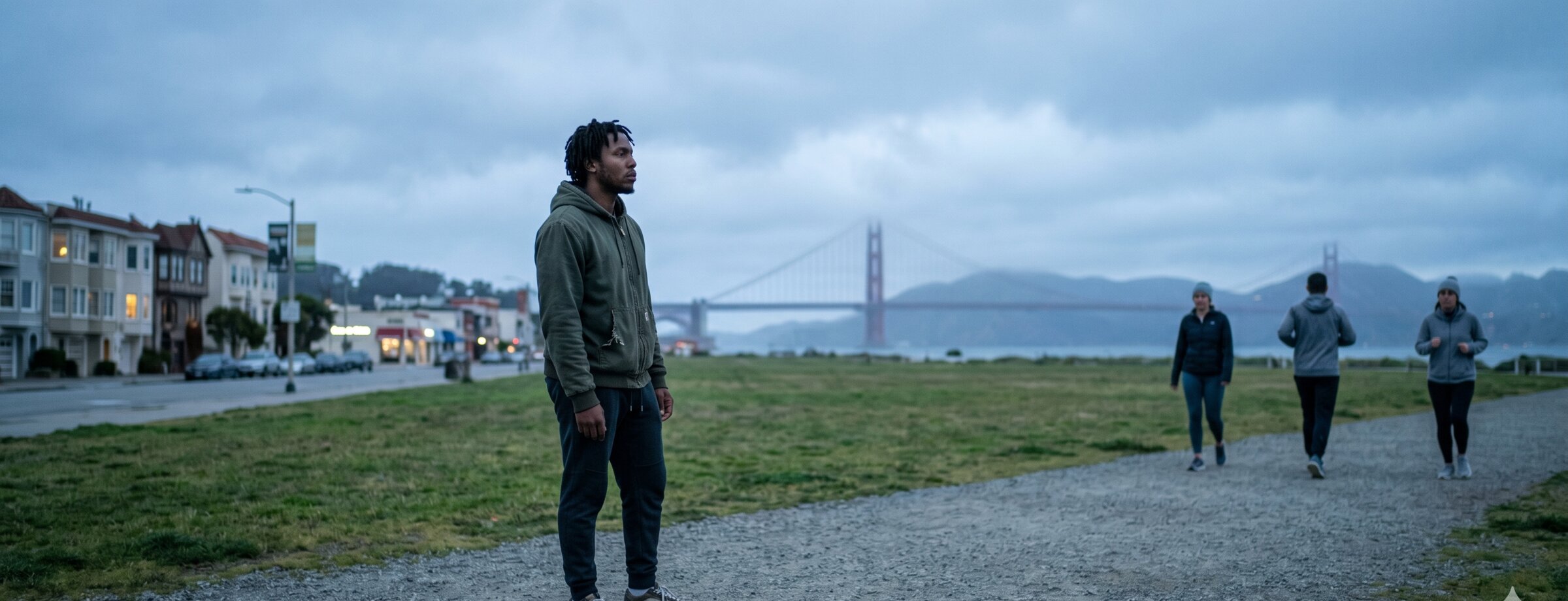 Tariq Sims with the morning pack at Crissy Field, 6:48 a.m. Friday