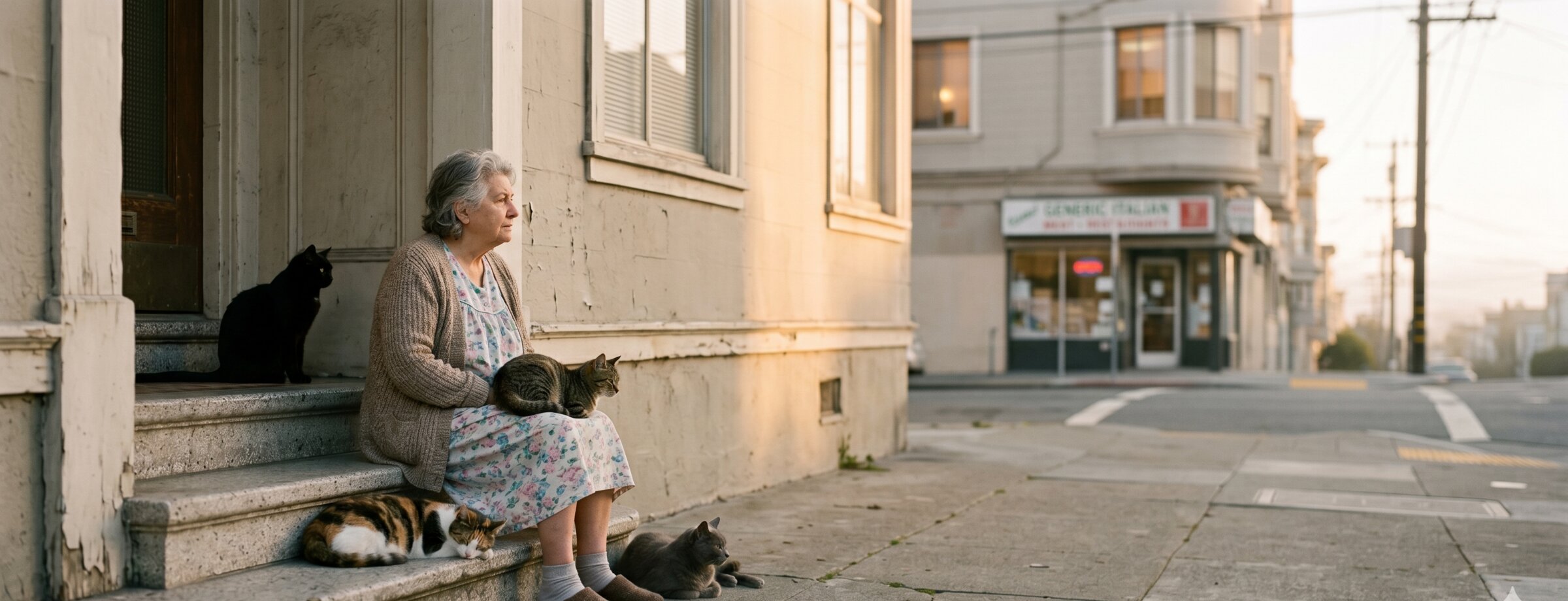 Mrs. Gianelli on her stoop, 5:53 a.m. Sunday, four cats present