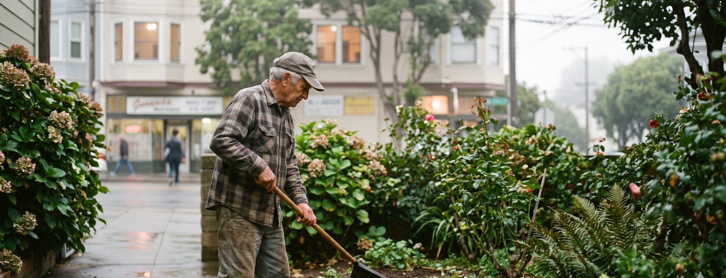 Aldo Pacelli with his rake, 6:08 a.m. Saturday