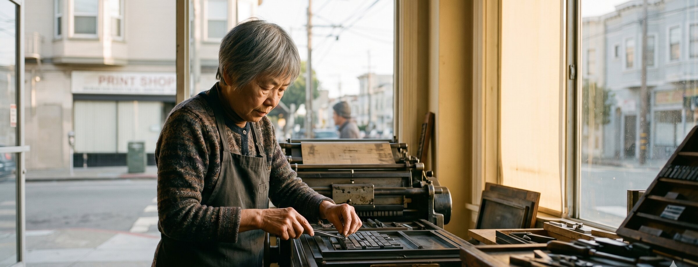 Mei Lin setting type, 7:18 a.m. Wednesday