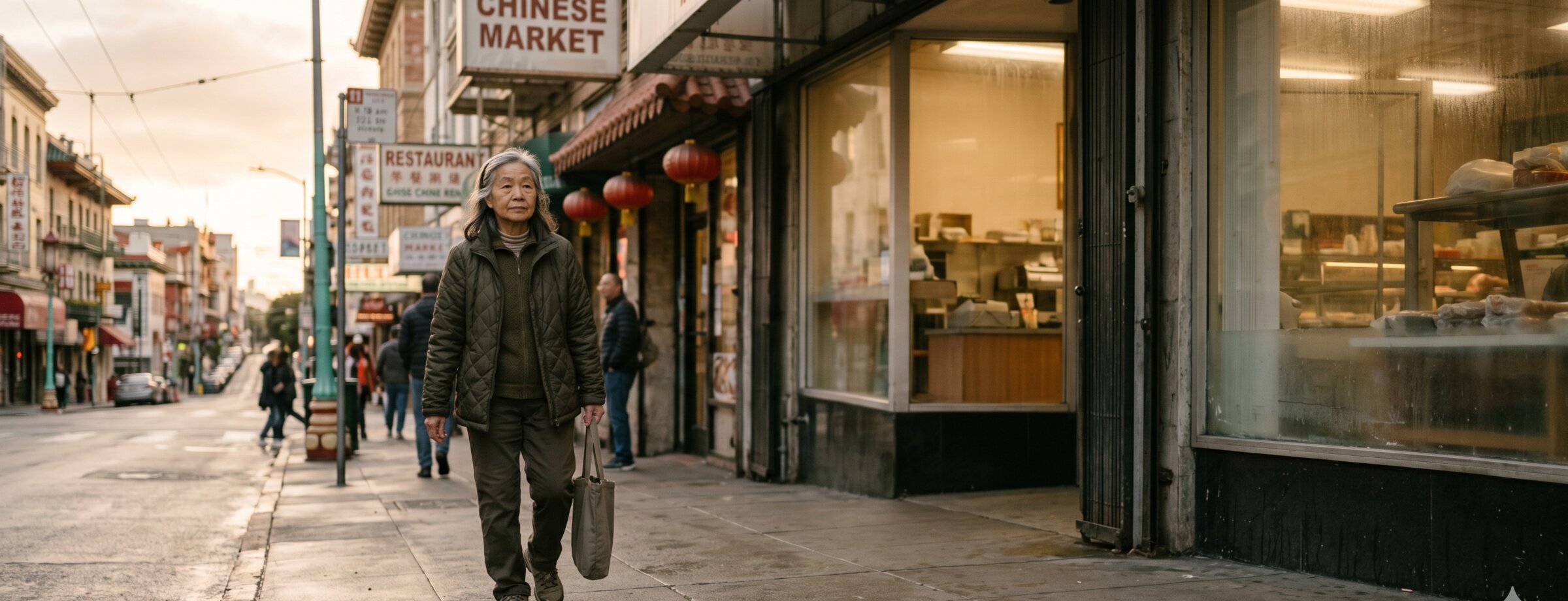 Mrs. Chen on Sacramento Street, walking to a city council meeting