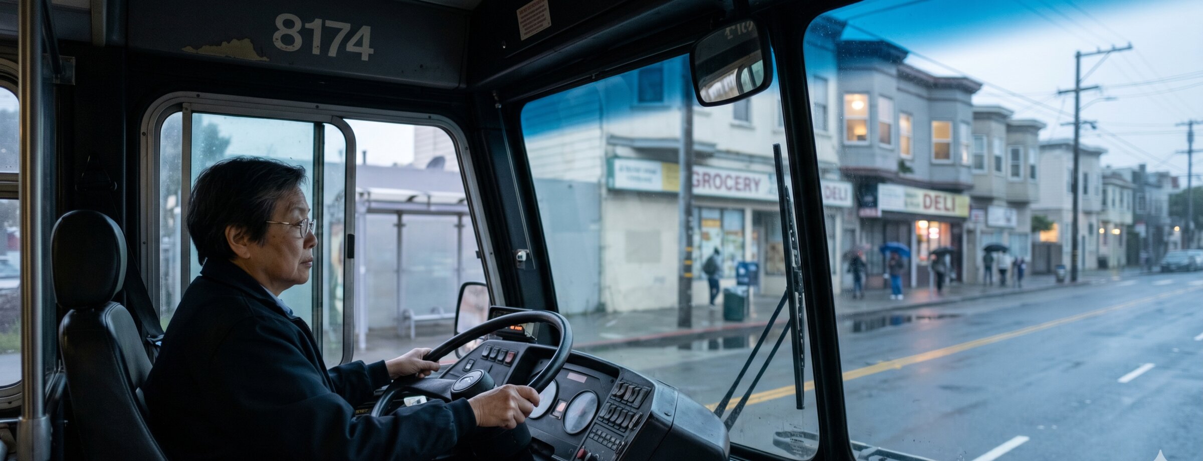 Bessie Hu at the wheel of bus 8174, 5:48 a.m. Tuesday