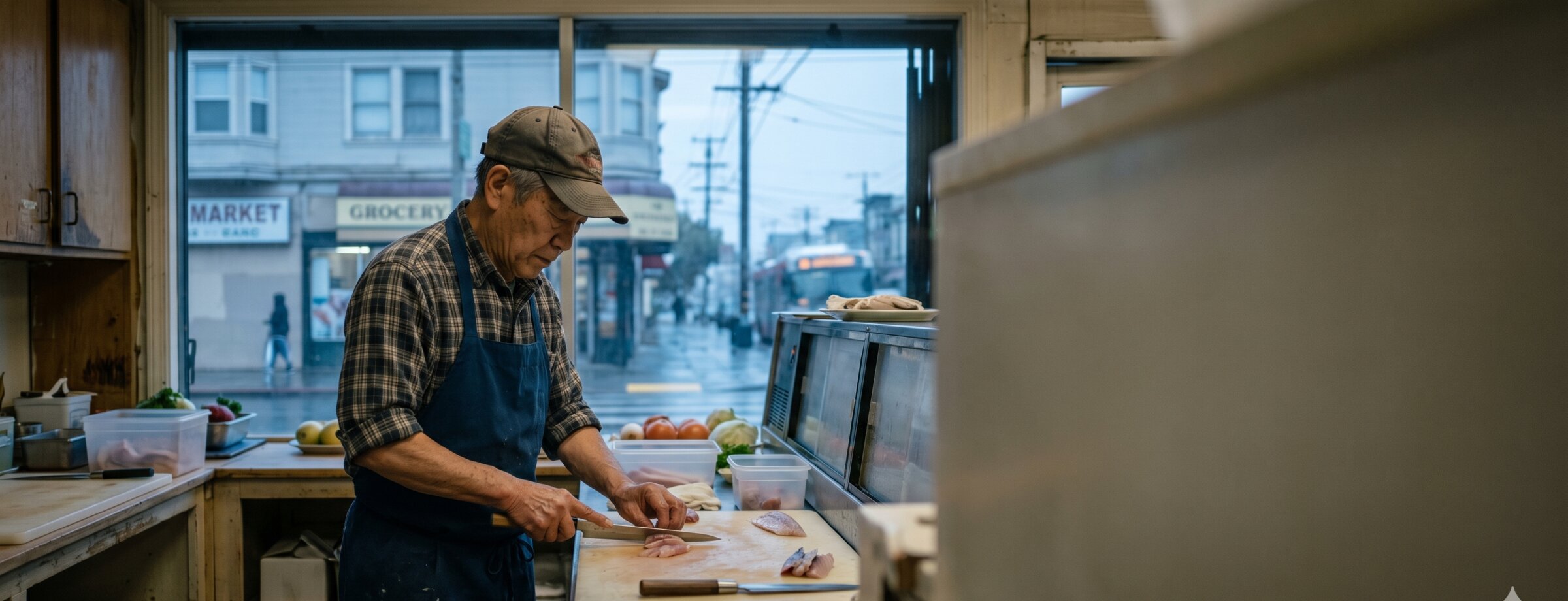 Mr. Tanaka at the cutting board, 6:48 a.m. Saturday