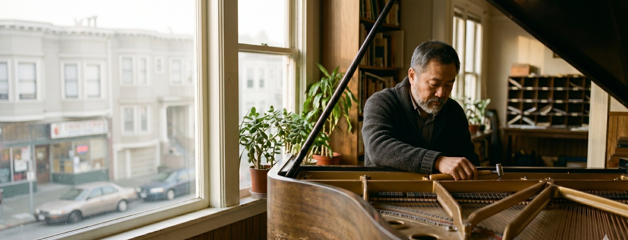 Donald Choi tuning a Steinway L on Vallejo Street
