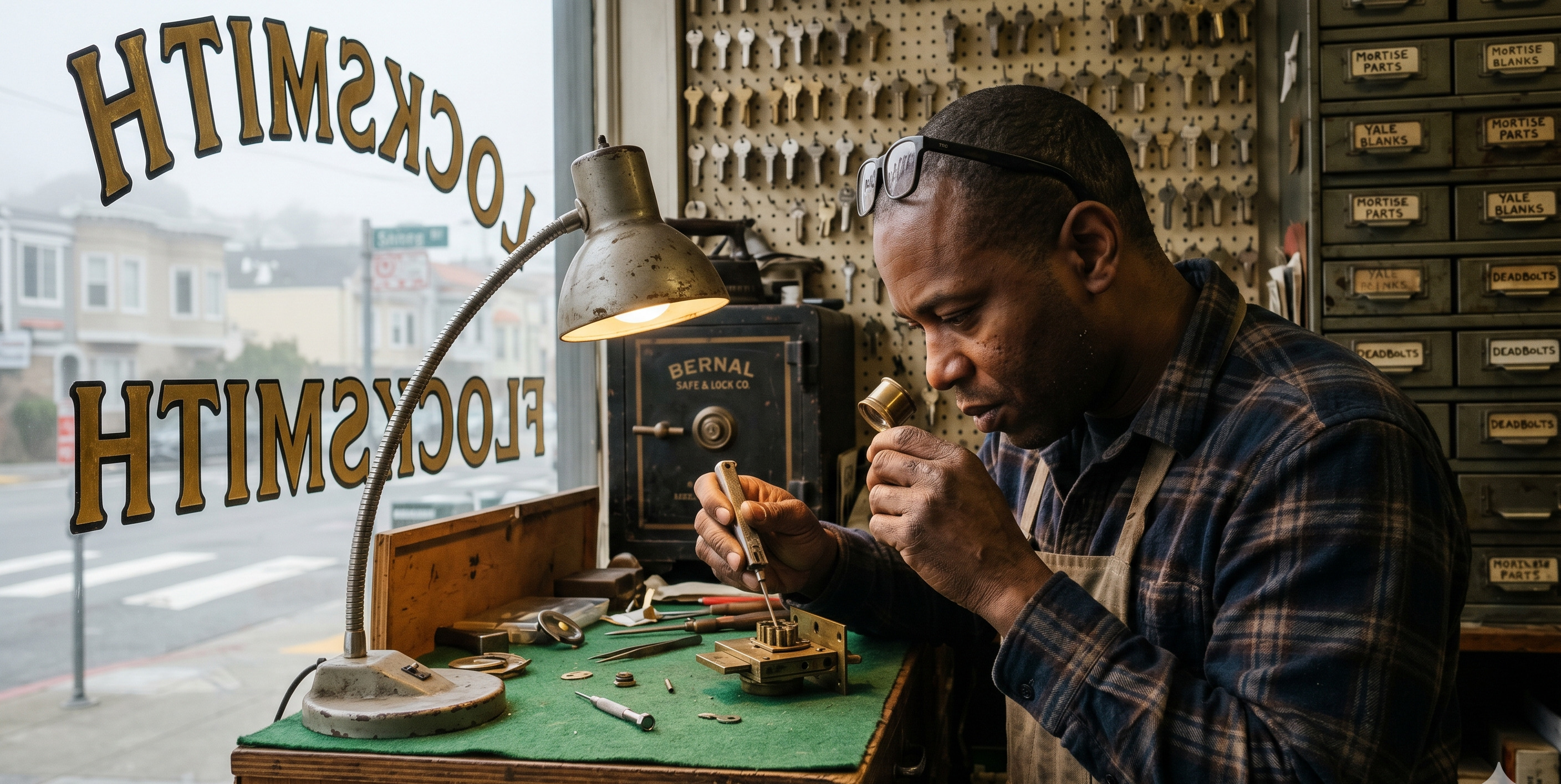 Marcus Chen at his workbench on Geary Boulevard, surrounded by labeled drawer faces, late morning light through the front window
