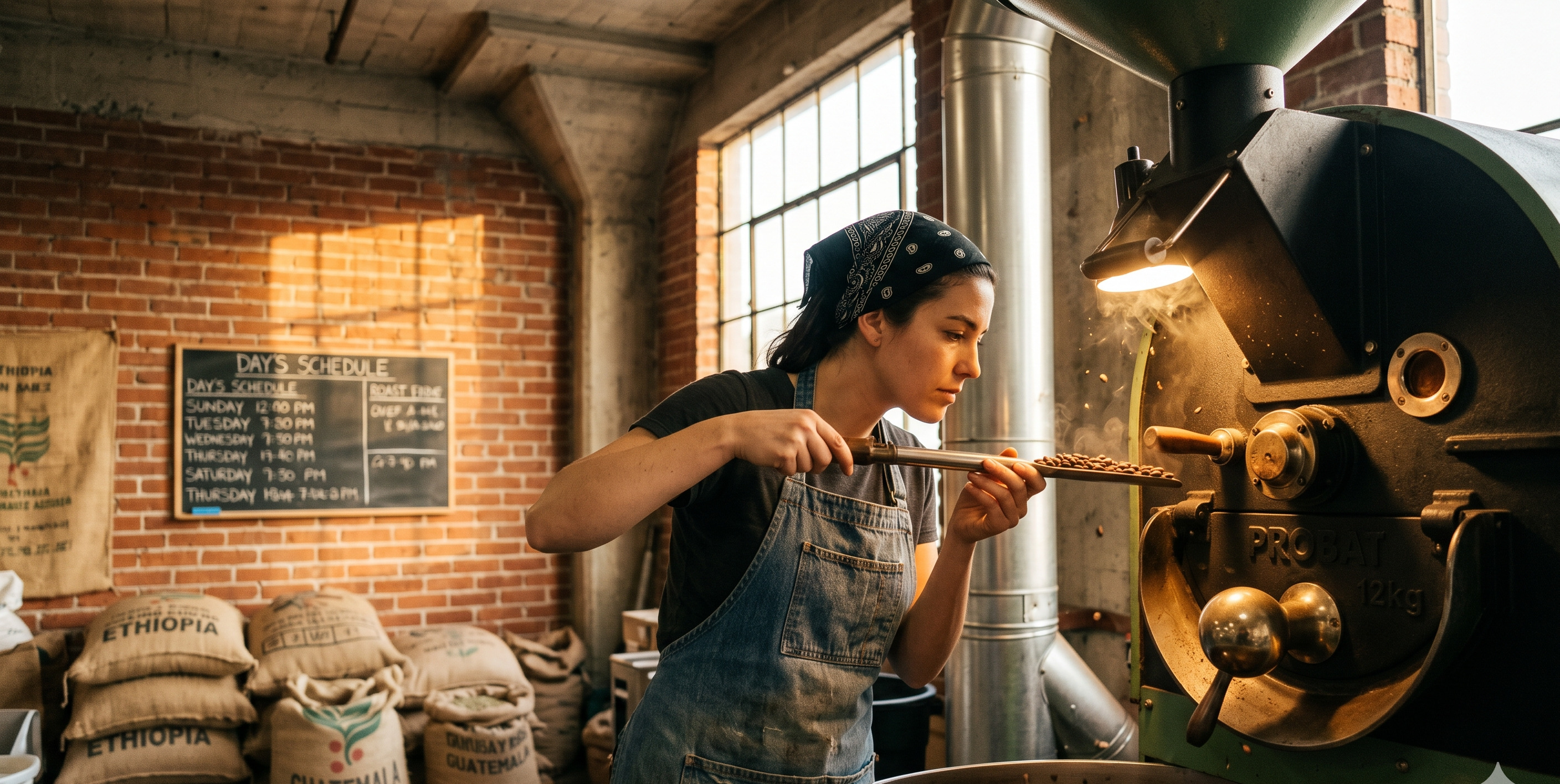 Marisa Padilla pulling a roast at Olive Branch Roasters, hands on the drum, late afternoon light through the back window